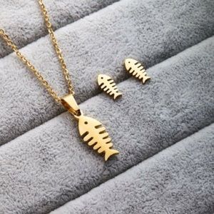 Fishbone necklace & earrings stainless steel gold